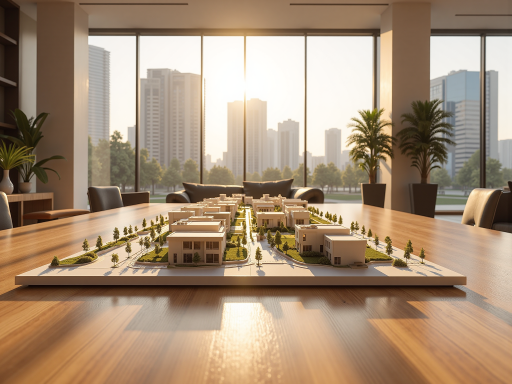 未来城市概念图，现代化建筑群，绿色植被环绕，科技感灯光效果，展现可持续发展理念